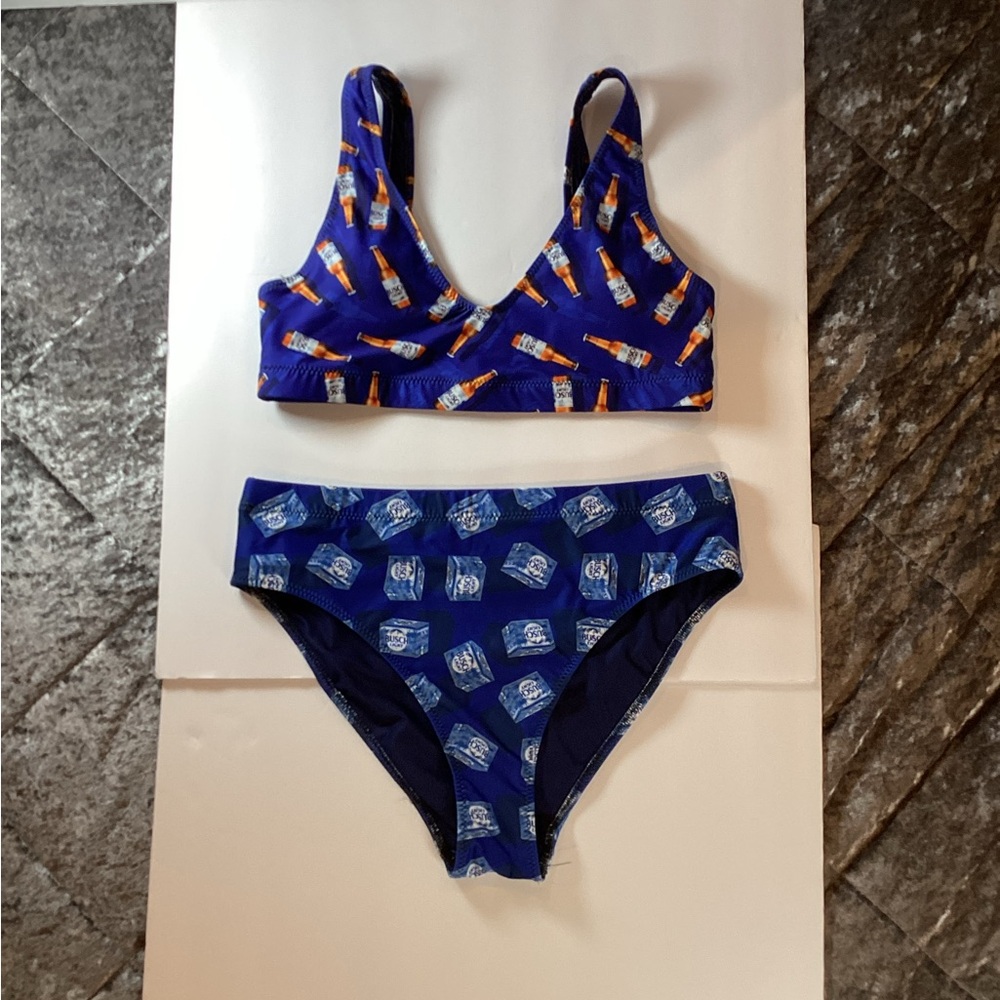 Whiskey Riff Busch Light Bikini Blue Beer Print Swimsuit Set Large